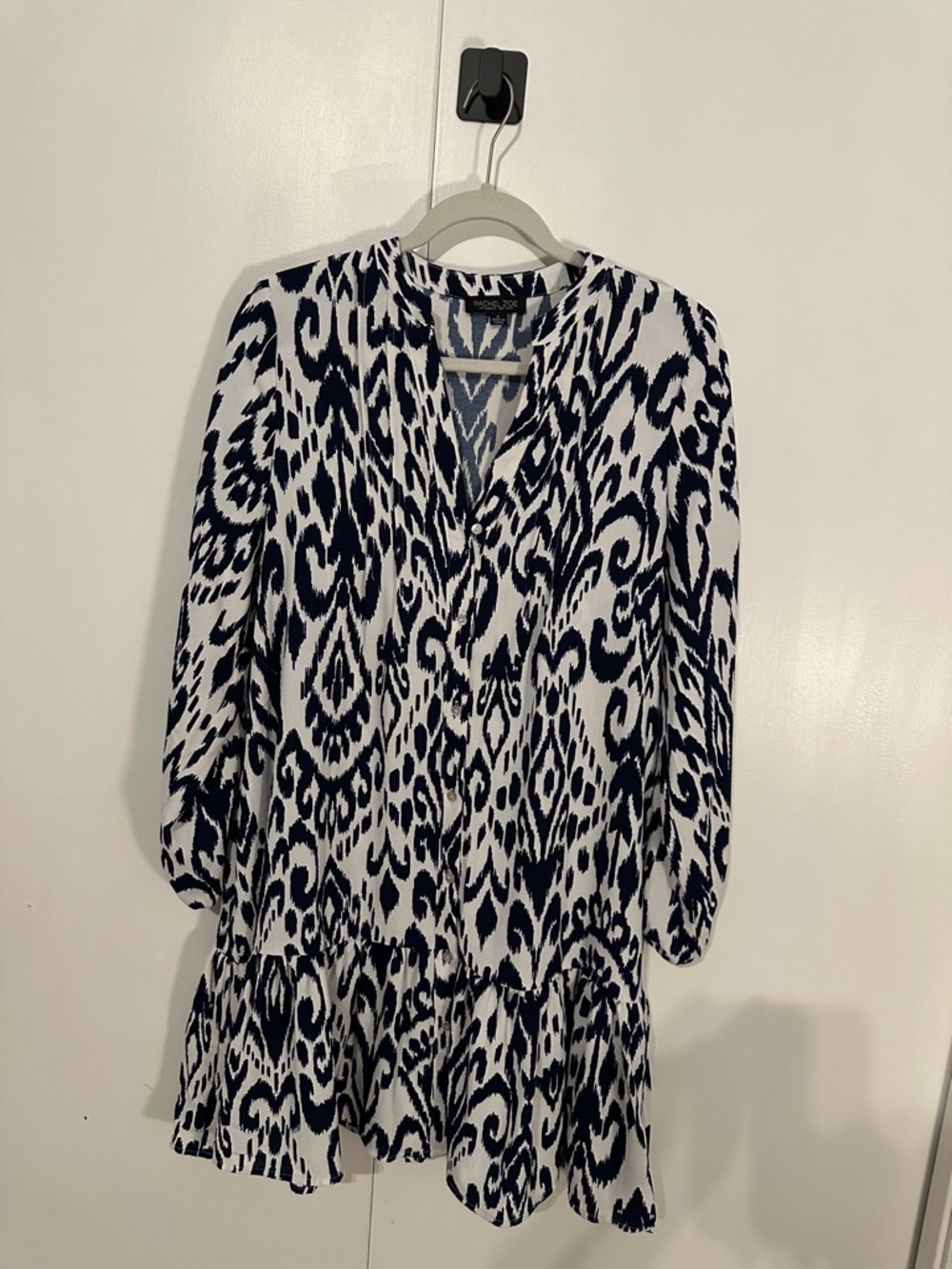 Dark Navy & White Printed V-Neck Ruffled Hem Dress